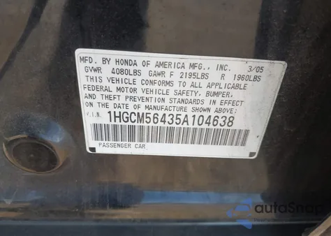 2005 Honda Accord Lx from USA, damaged, VIN 1HGCM56435A104638